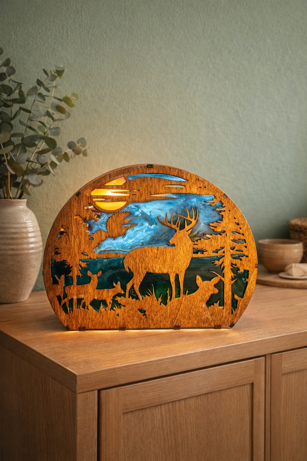 Lampada Artistica in Legno e Resina – Cervo nella Foresta